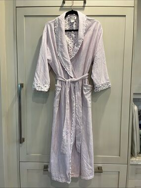 Eileen West Fine Striped Cotton Belted Robe Floral Trim & Classic Shawl Collar
